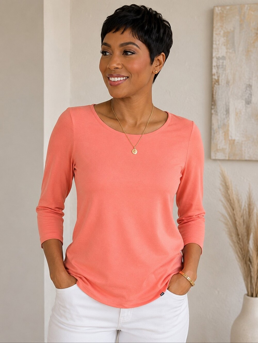 Lands' End Womens Pima Cotton Boat Neck Tee Small Coral Pink Coastal Nautical
